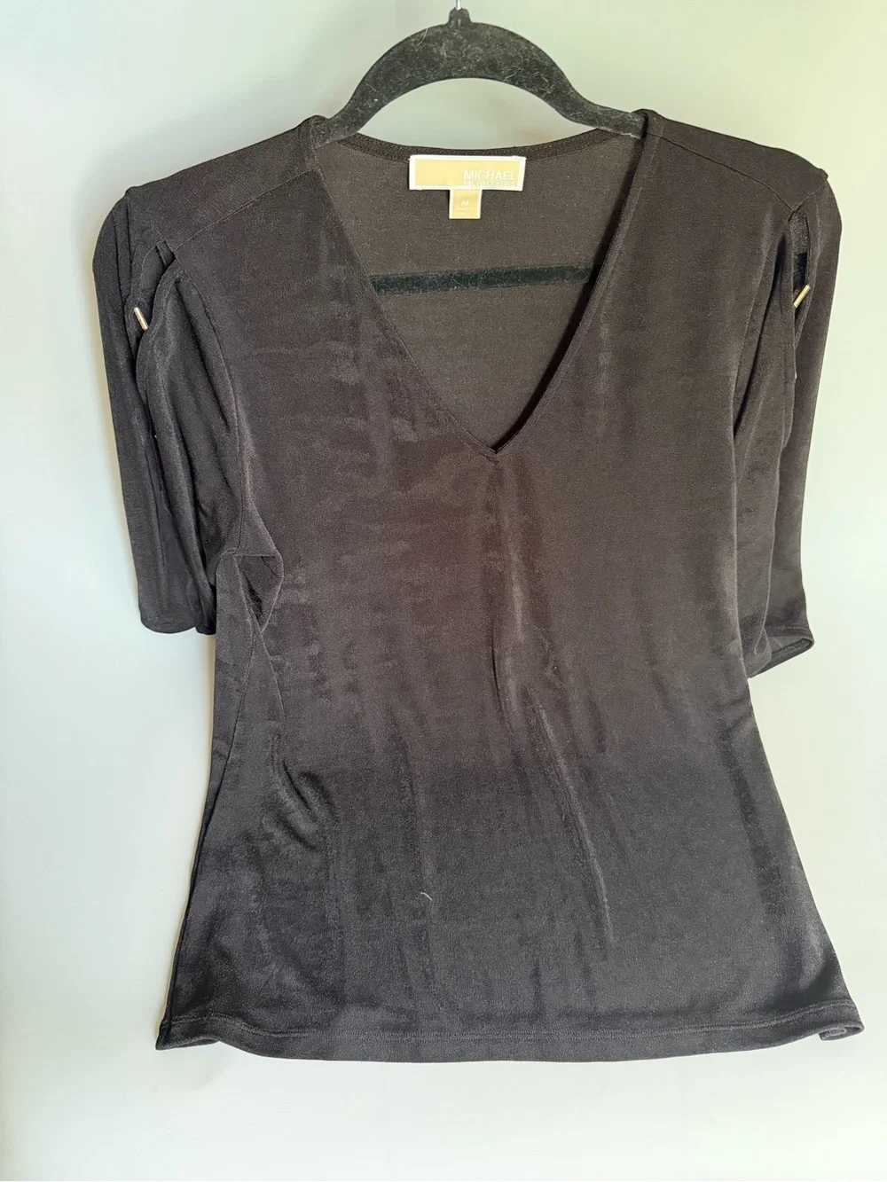 Michael Kors Black V-Neck Short Sleeve Tee with Sleeve Tab Detail